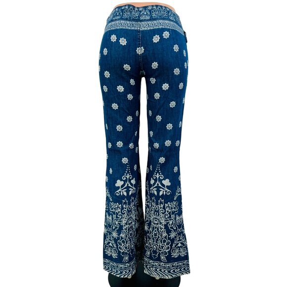Free People Bohemian Printed Bell Bottom Flare Jeans - Picture 9 of 16